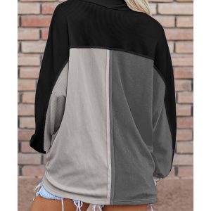 Gray Colorblock Ribbed Collared Oversized Sweatshirt