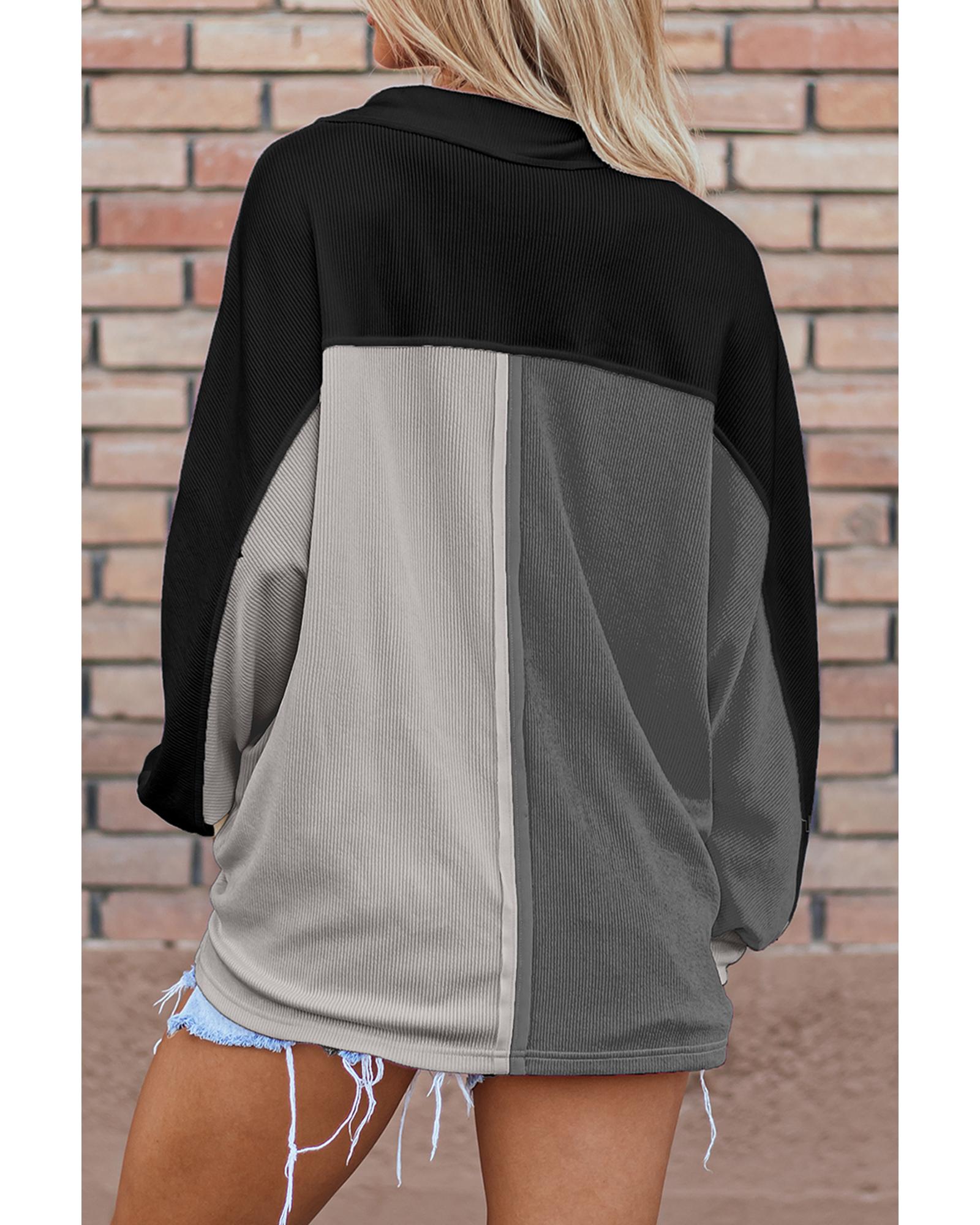 Gray Colorblock Ribbed Collared Oversized Sweatshirt