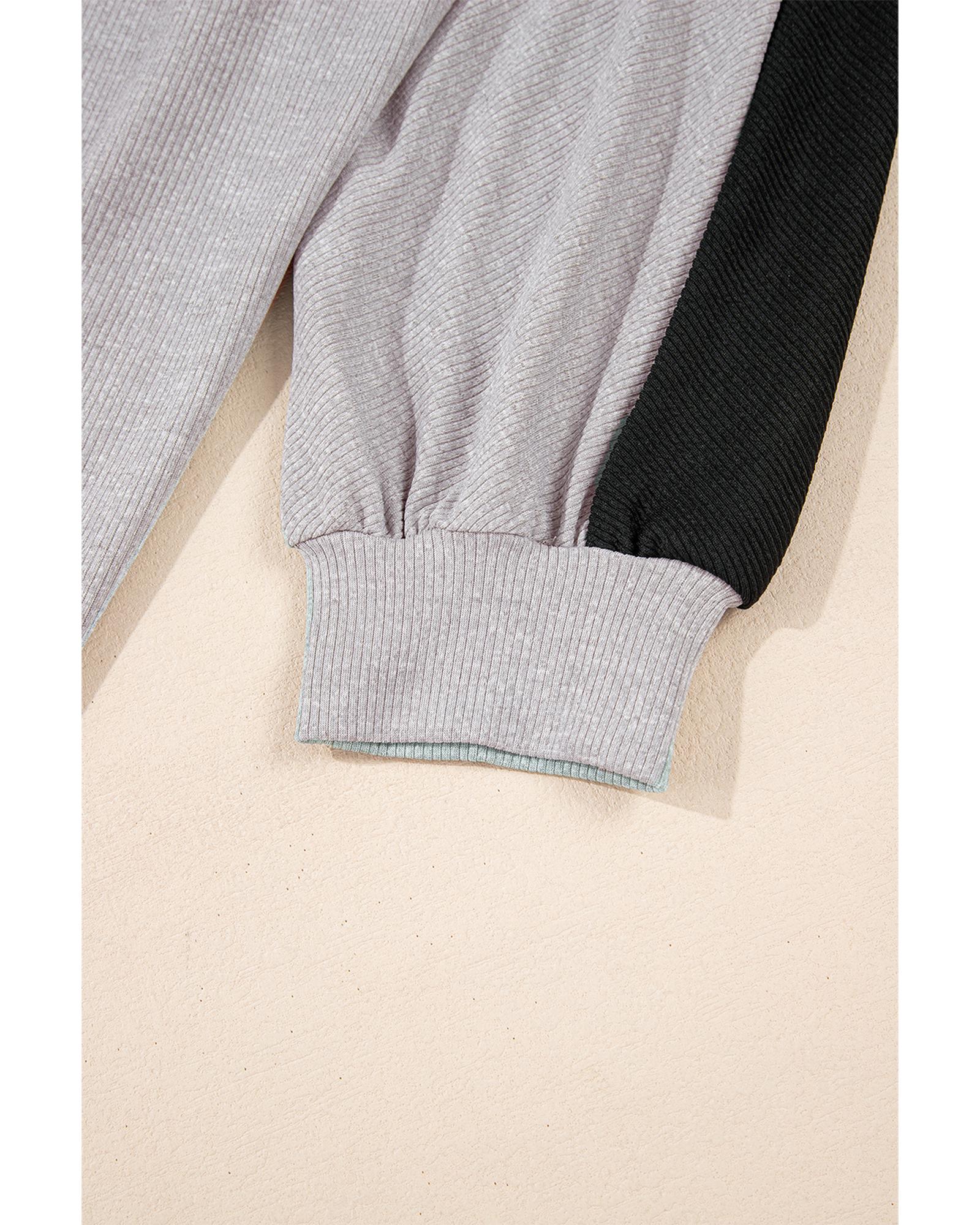 Gray Colorblock Ribbed Collared Oversized Sweatshirt - Image 2