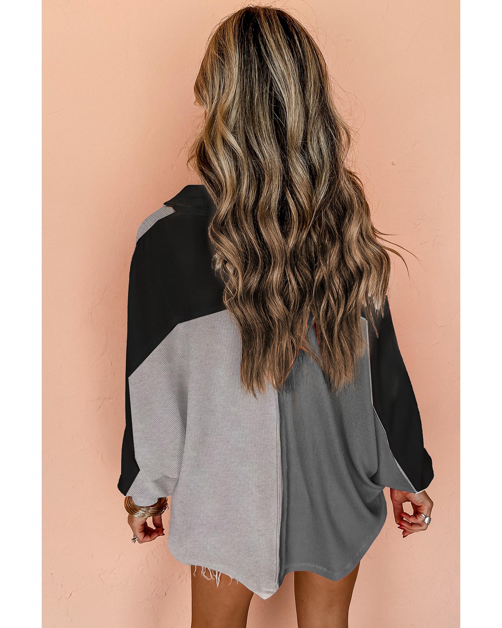 Gray Colorblock Ribbed Collared Oversized Sweatshirt - Image 3