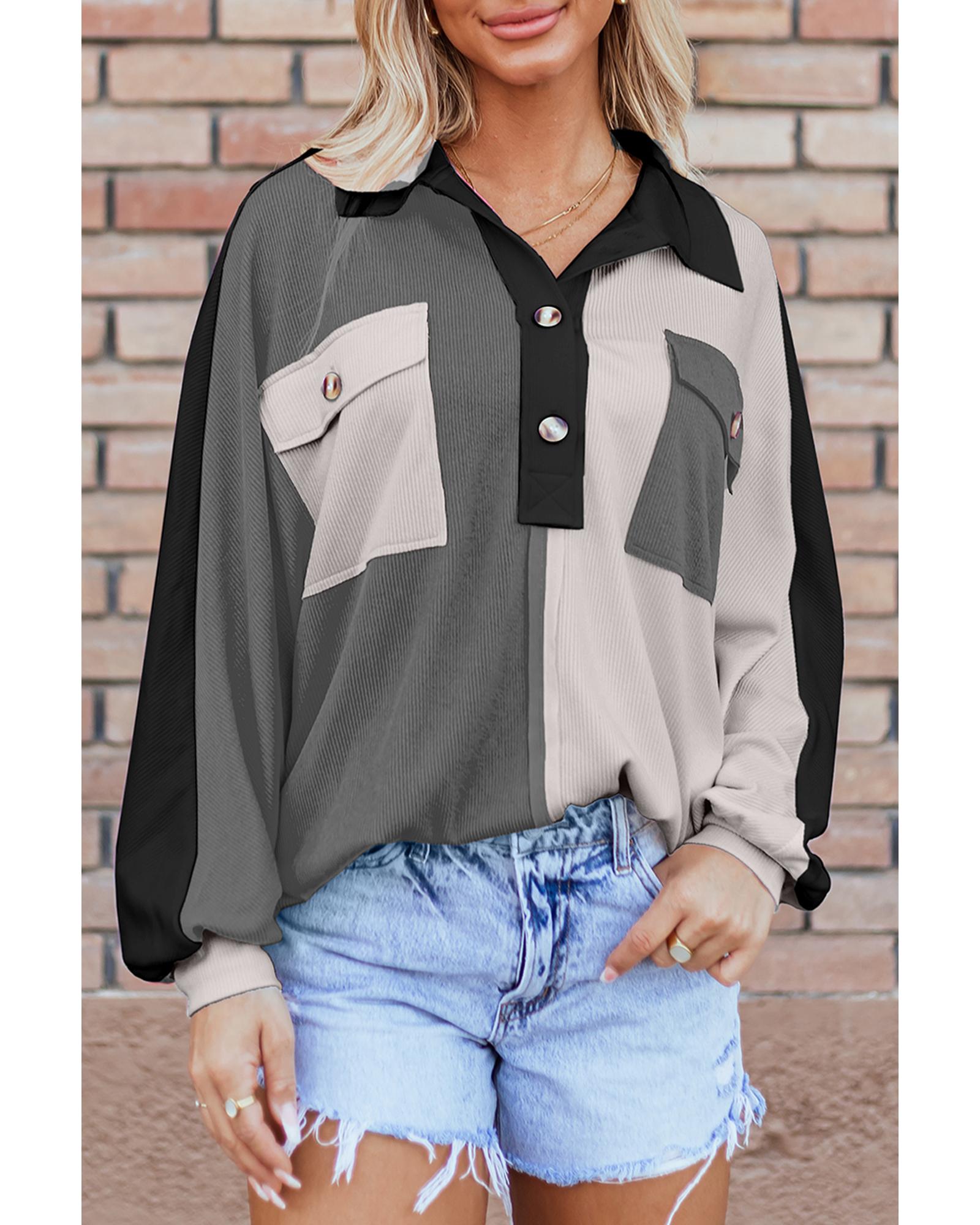 Gray Colorblock Ribbed Collared Oversized Sweatshirt - Image 7