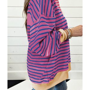 Pink Stripe Casual Stripe Colorblock Drop Shoulder Oversize Sweatshirt