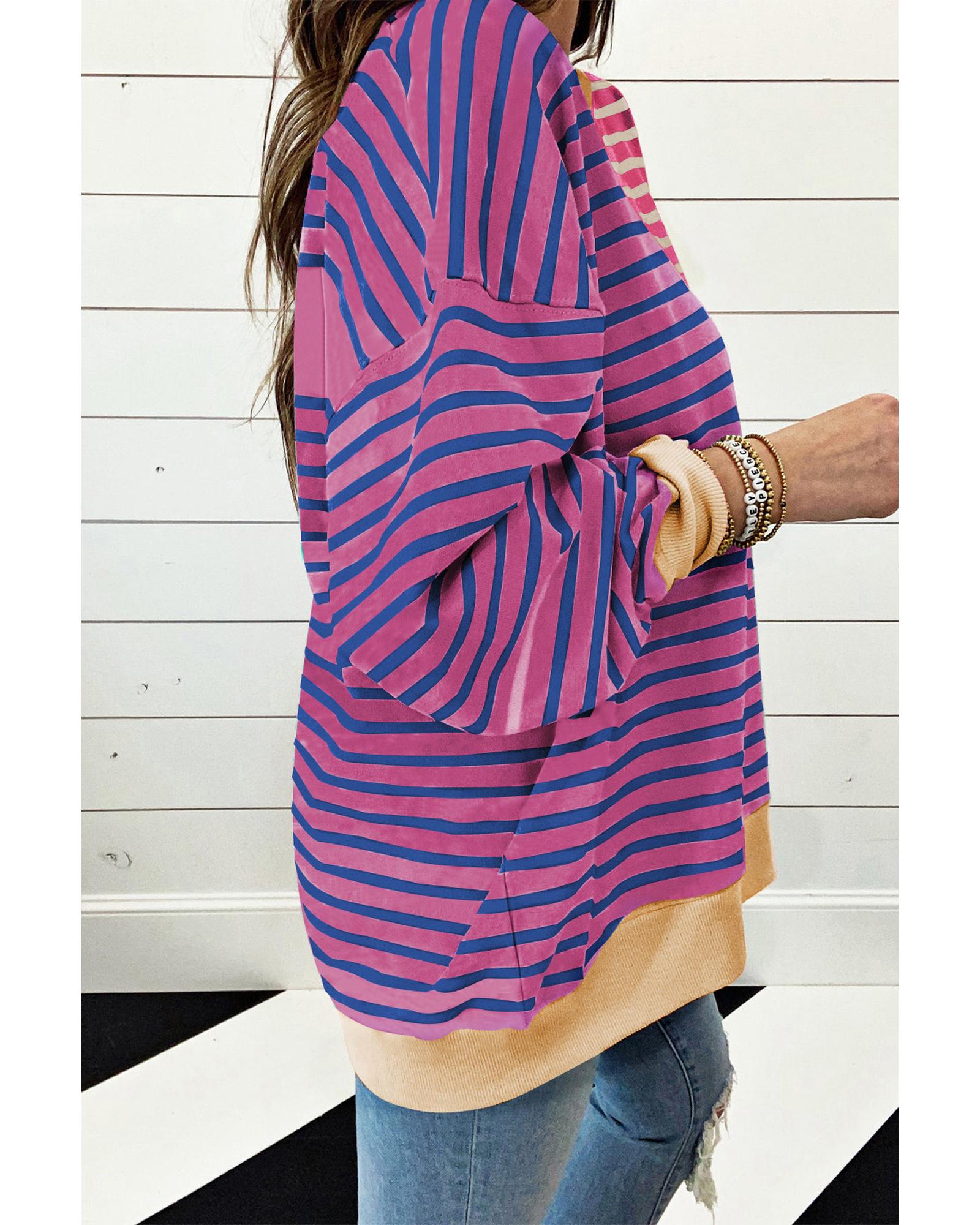 Pink Stripe Casual Stripe Colorblock Drop Shoulder Oversize Sweatshirt