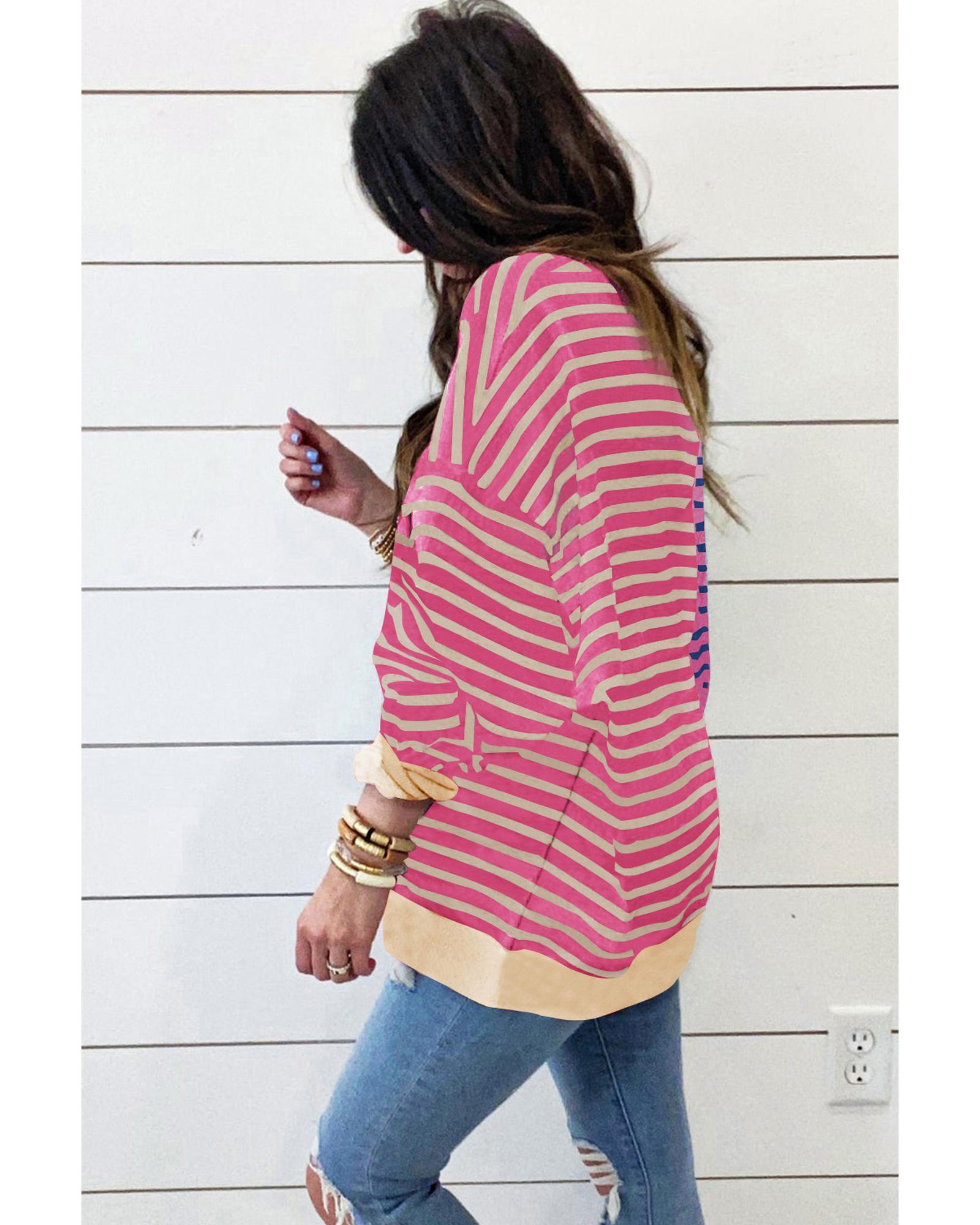 Pink Stripe Casual Stripe Colorblock Drop Shoulder Oversize Sweatshirt - Image 2