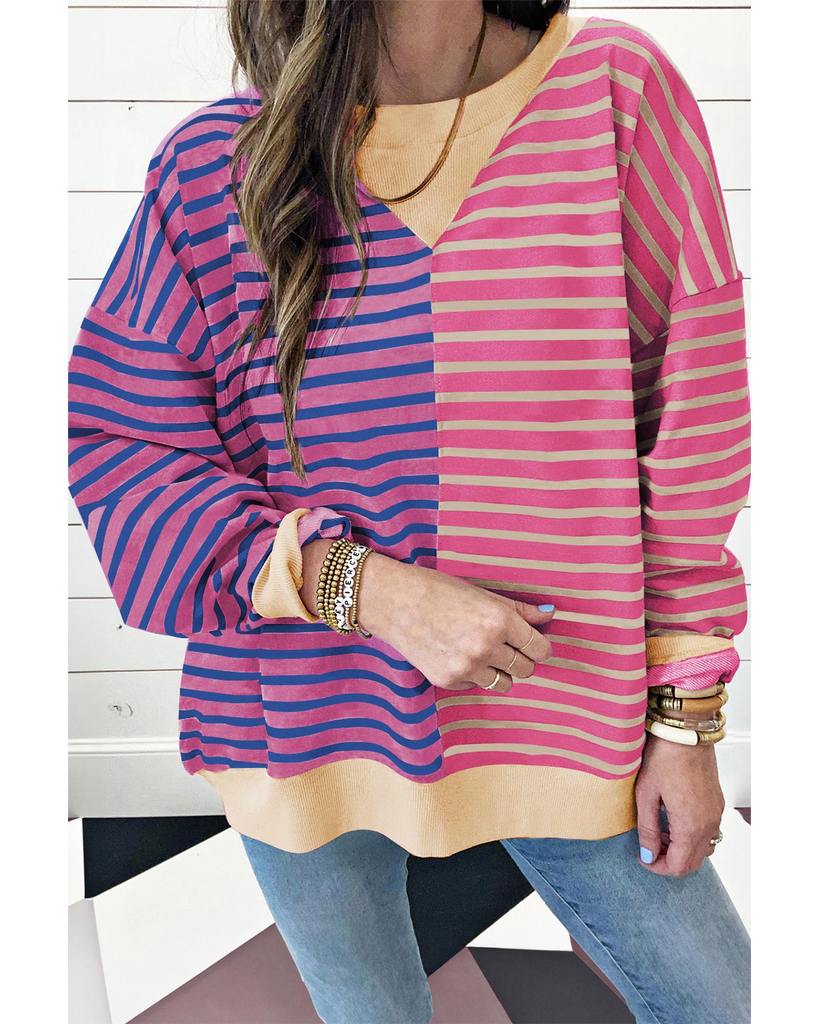 Pink Stripe Casual Stripe Colorblock Drop Shoulder Oversize Sweatshirt - Image 3