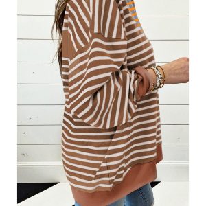 Brown Stripe Casual Stripe Colorblock Drop Shoulder Oversize Sweatshirt