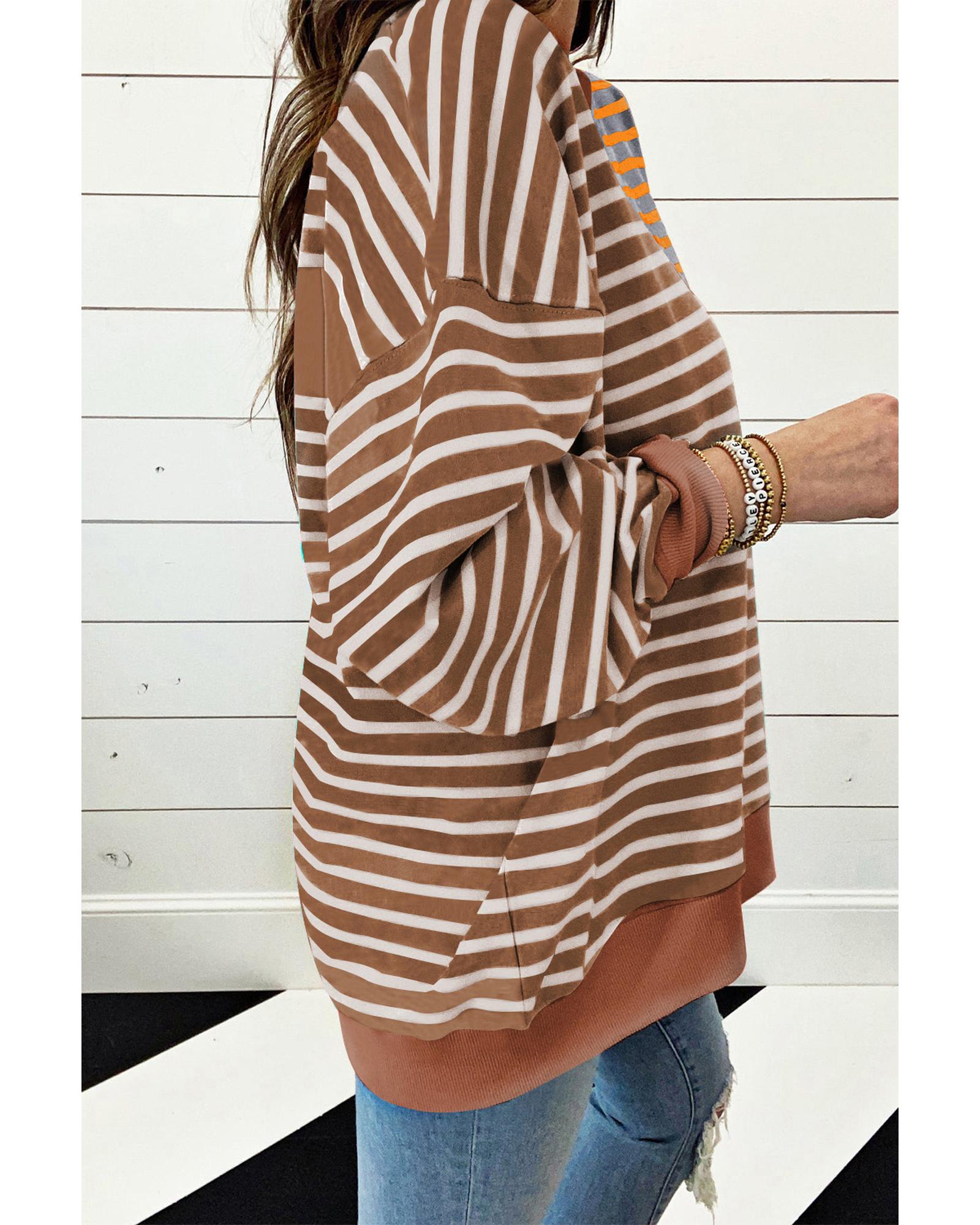 Brown Stripe Casual Stripe Colorblock Drop Shoulder Oversize Sweatshirt