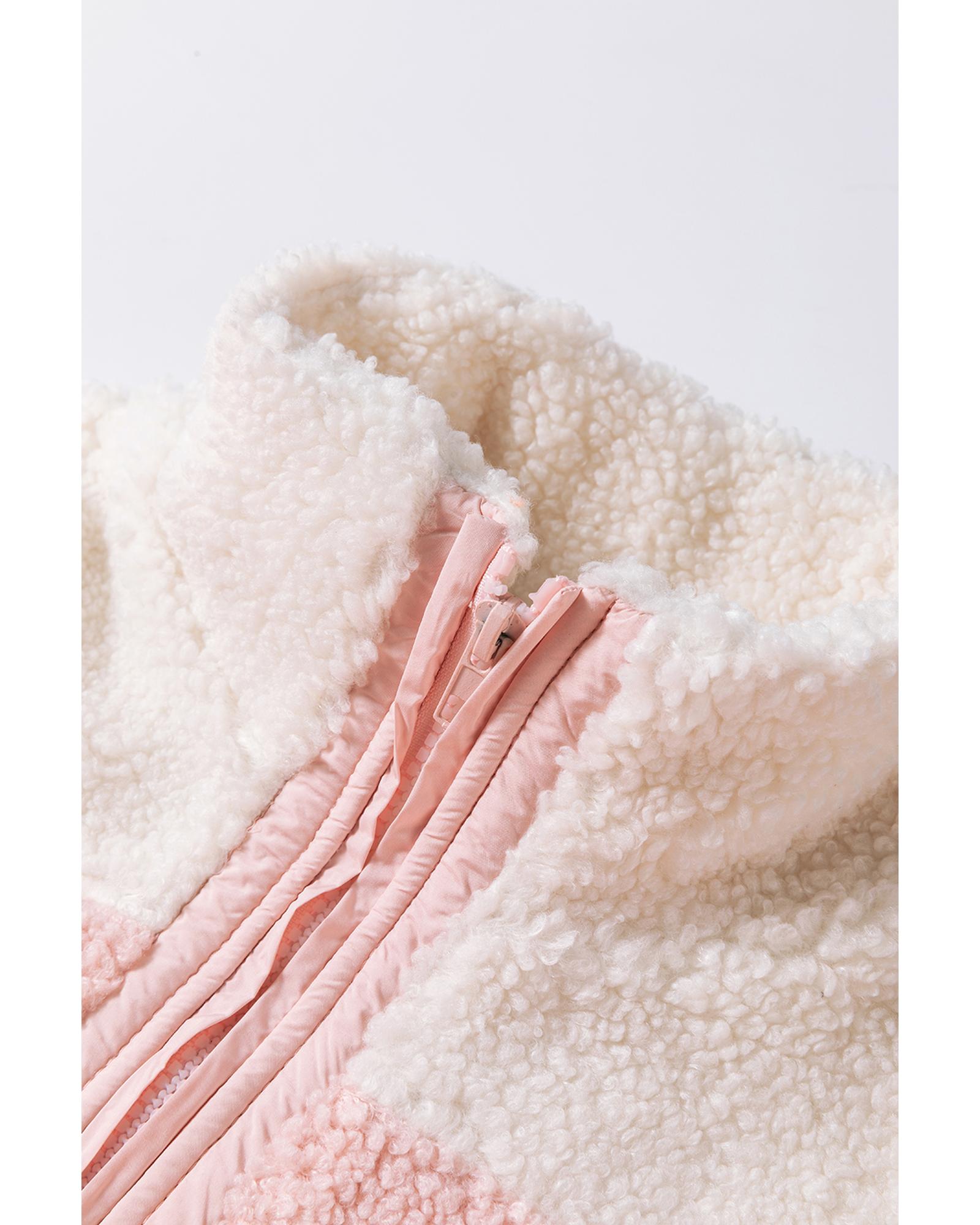 Orange Colorblock Half Zipper Stand Neck Sherpa Sweatshirt - Image 2