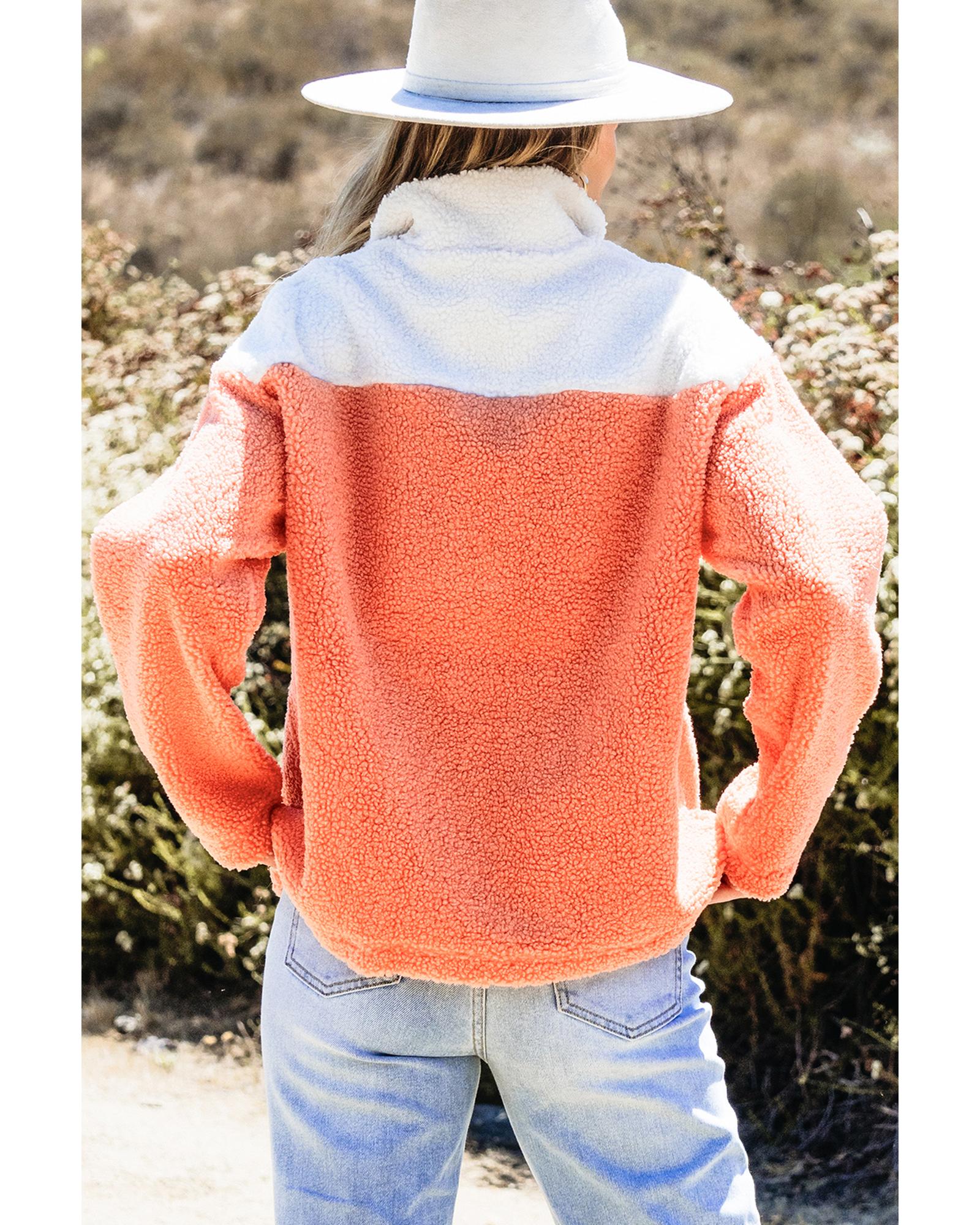 Orange Colorblock Half Zipper Stand Neck Sherpa Sweatshirt - Image 3