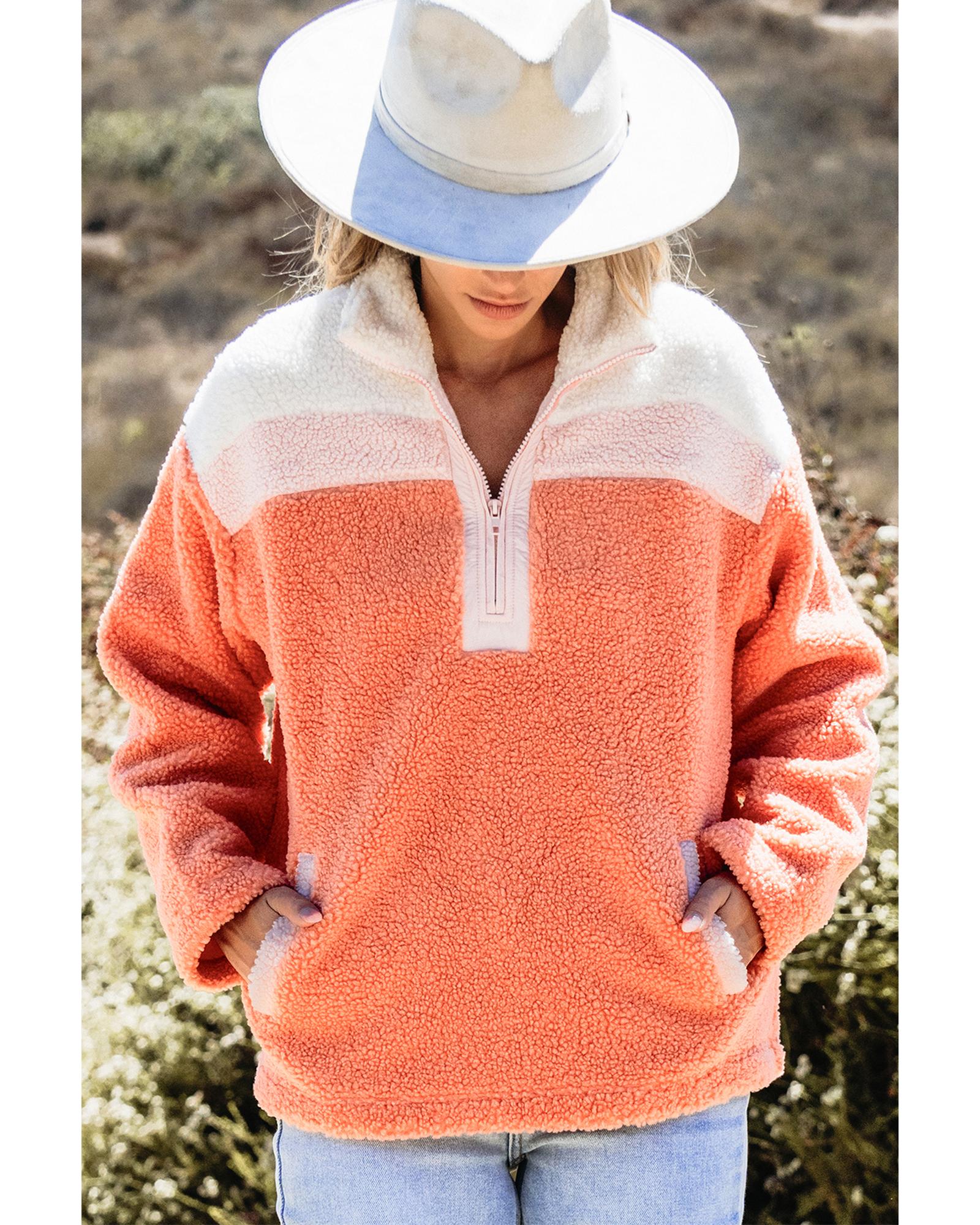 Orange Colorblock Half Zipper Stand Neck Sherpa Sweatshirt - Image 4