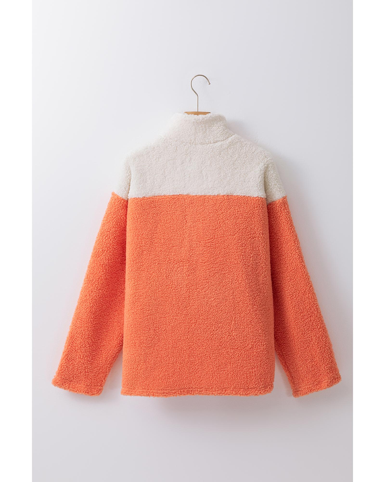 Orange Colorblock Half Zipper Stand Neck Sherpa Sweatshirt - Image 6