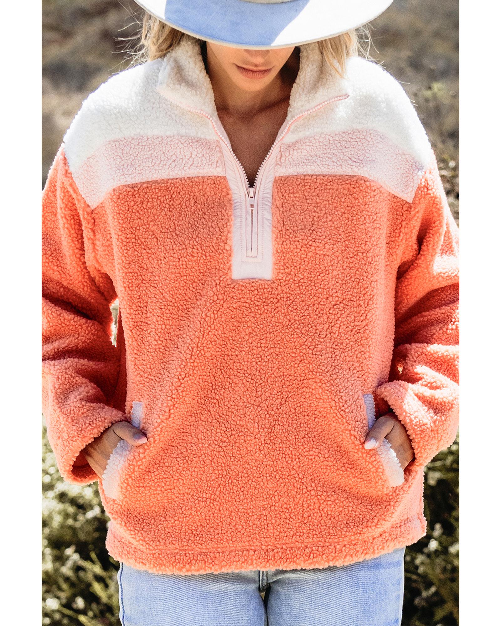 Orange Colorblock Half Zipper Stand Neck Sherpa Sweatshirt - Image 7