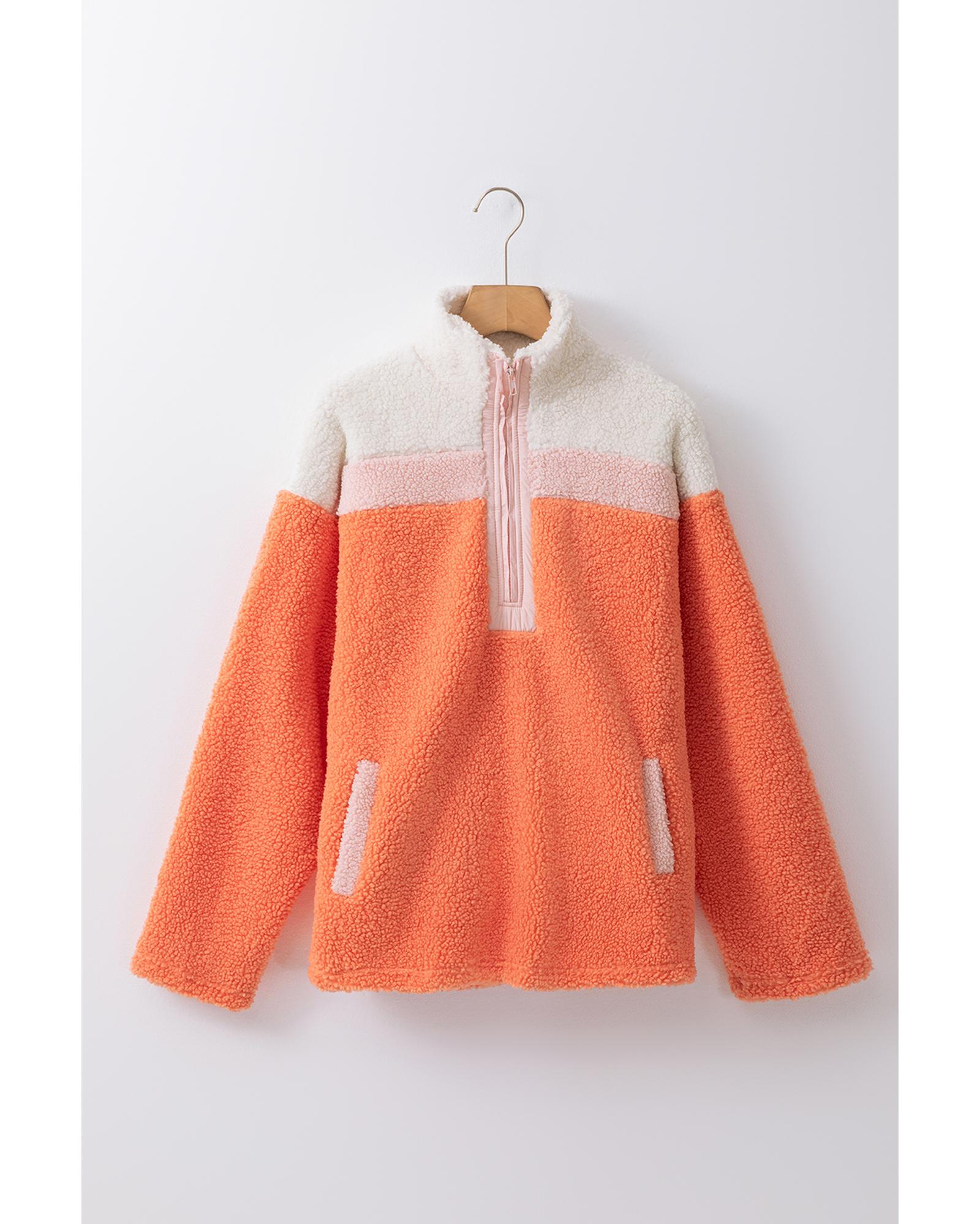 Orange Colorblock Half Zipper Stand Neck Sherpa Sweatshirt - Image 8