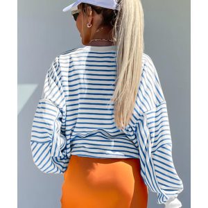 Blue Stripe Drop Shoulder Crew Neck Loose Sweatshirt