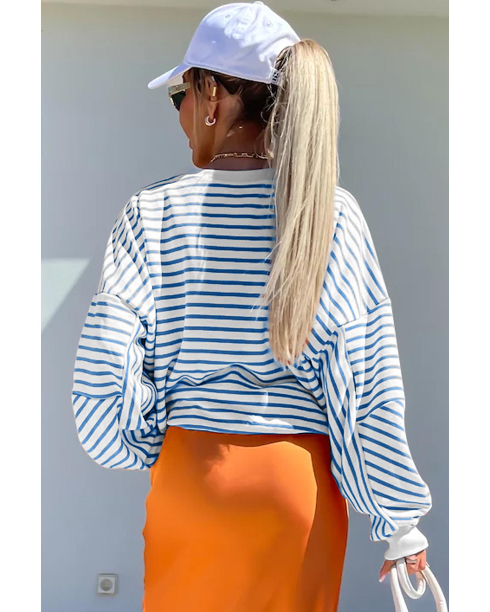 Blue Stripe Drop Shoulder Crew Neck Loose Sweatshirt