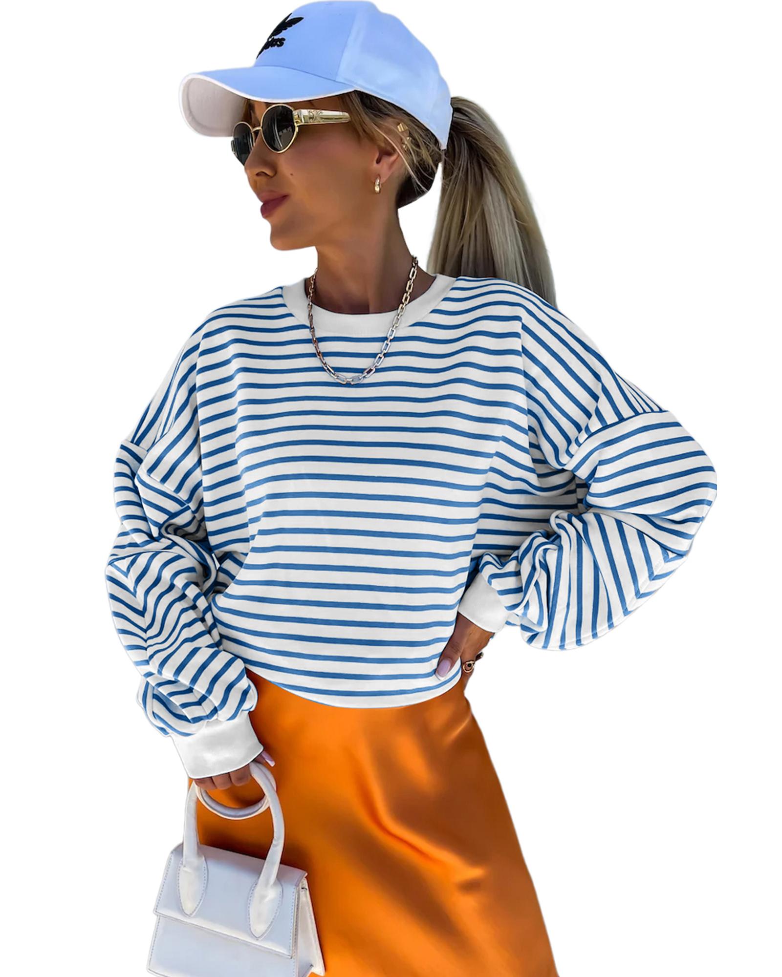 Blue Stripe Drop Shoulder Crew Neck Loose Sweatshirt - Image 2