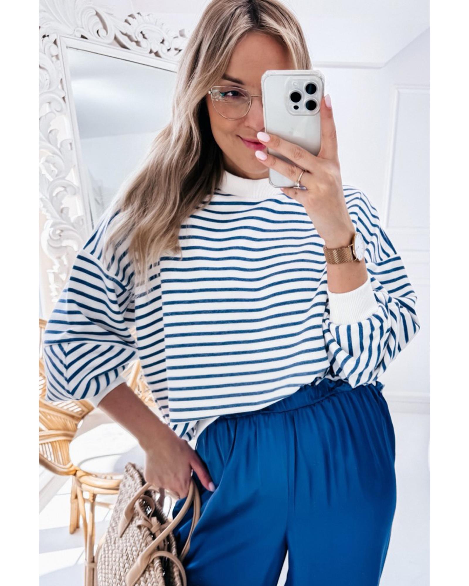 Blue Stripe Drop Shoulder Crew Neck Loose Sweatshirt - Image 3