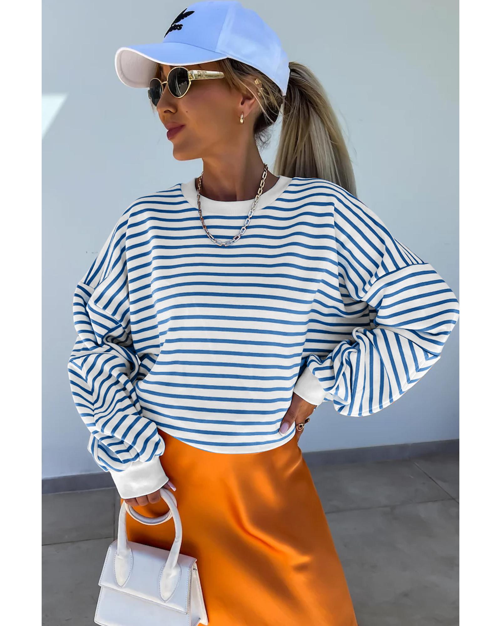 Blue Stripe Drop Shoulder Crew Neck Loose Sweatshirt - Image 4