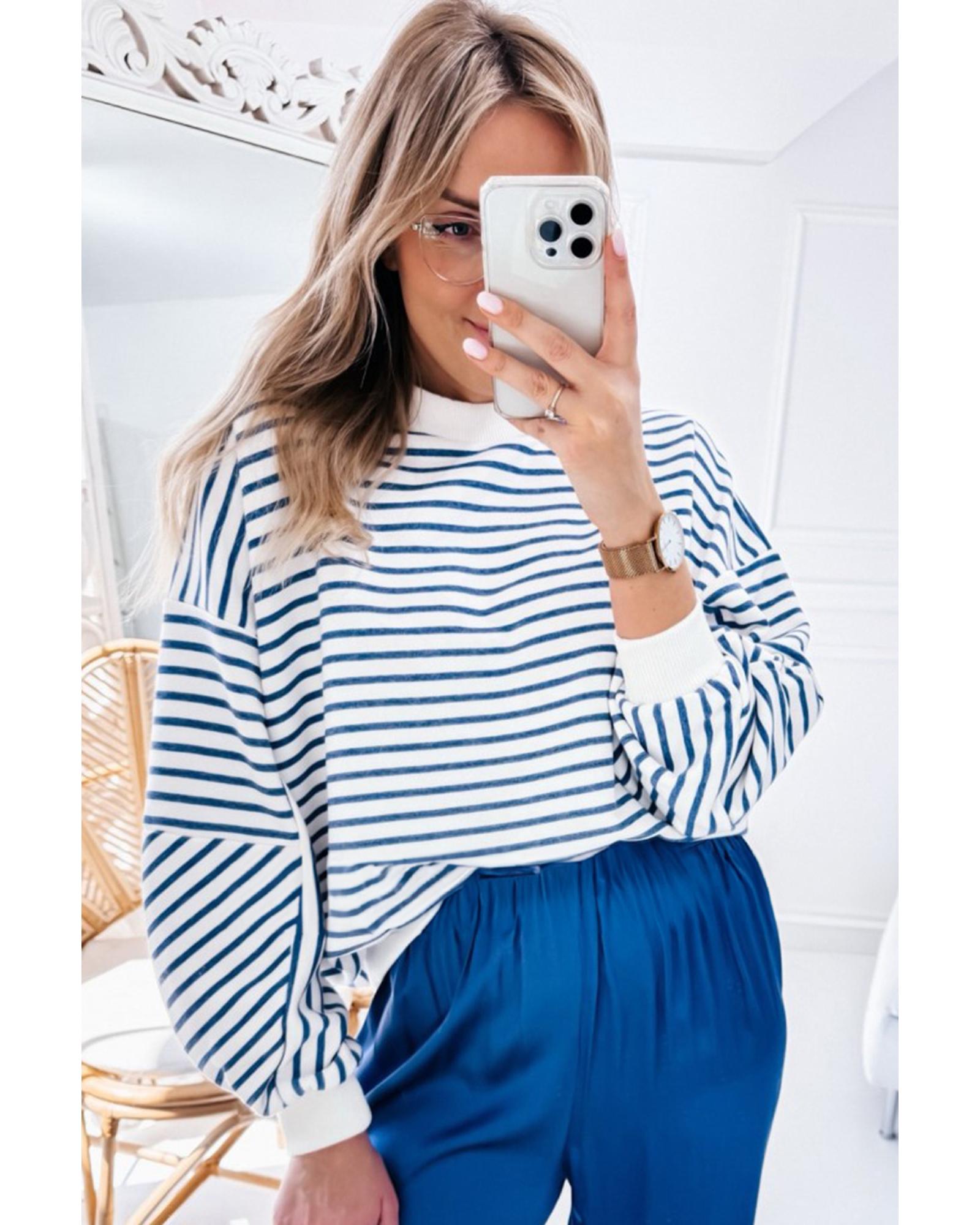 Blue Stripe Drop Shoulder Crew Neck Loose Sweatshirt - Image 5