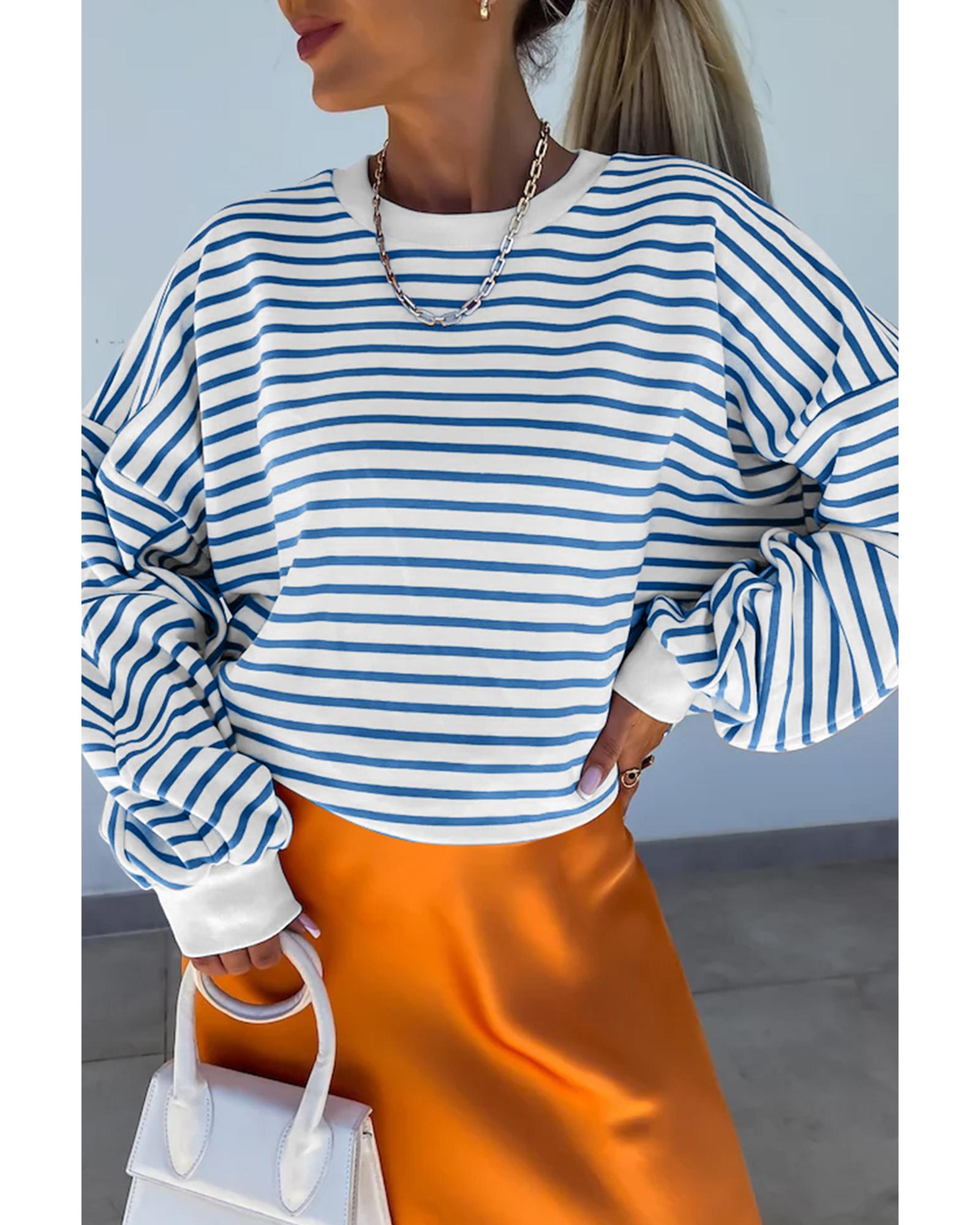 Blue Stripe Drop Shoulder Crew Neck Loose Sweatshirt - Image 6