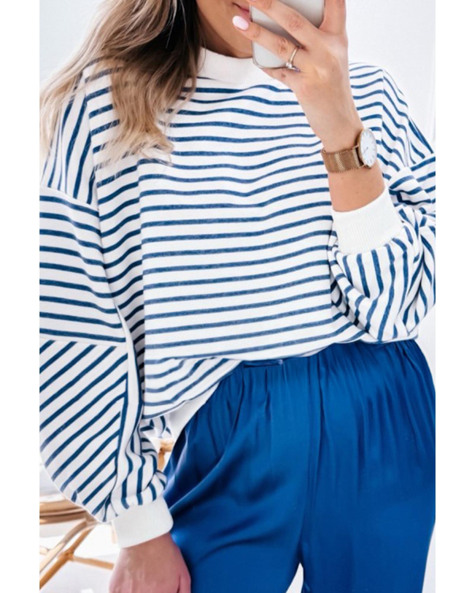 Blue Stripe Drop Shoulder Crew Neck Loose Sweatshirt - Image 7