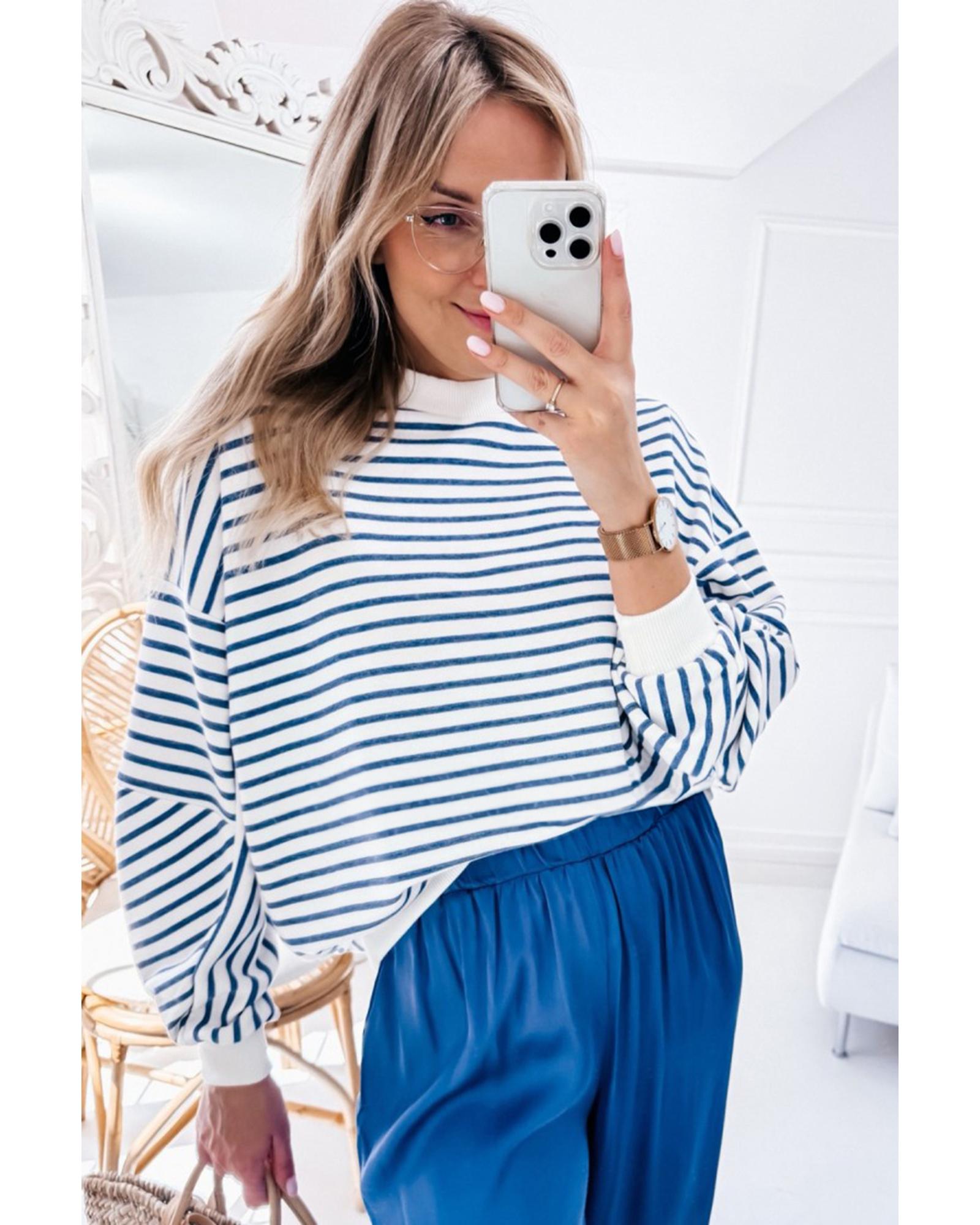 Blue Stripe Drop Shoulder Crew Neck Loose Sweatshirt - Image 8