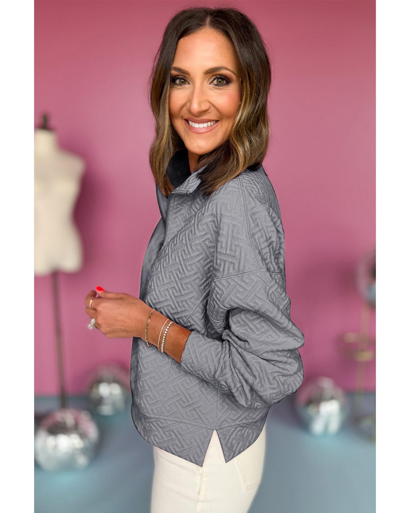 Gray Solid Textured Half Zipper Collared Sweatshirt