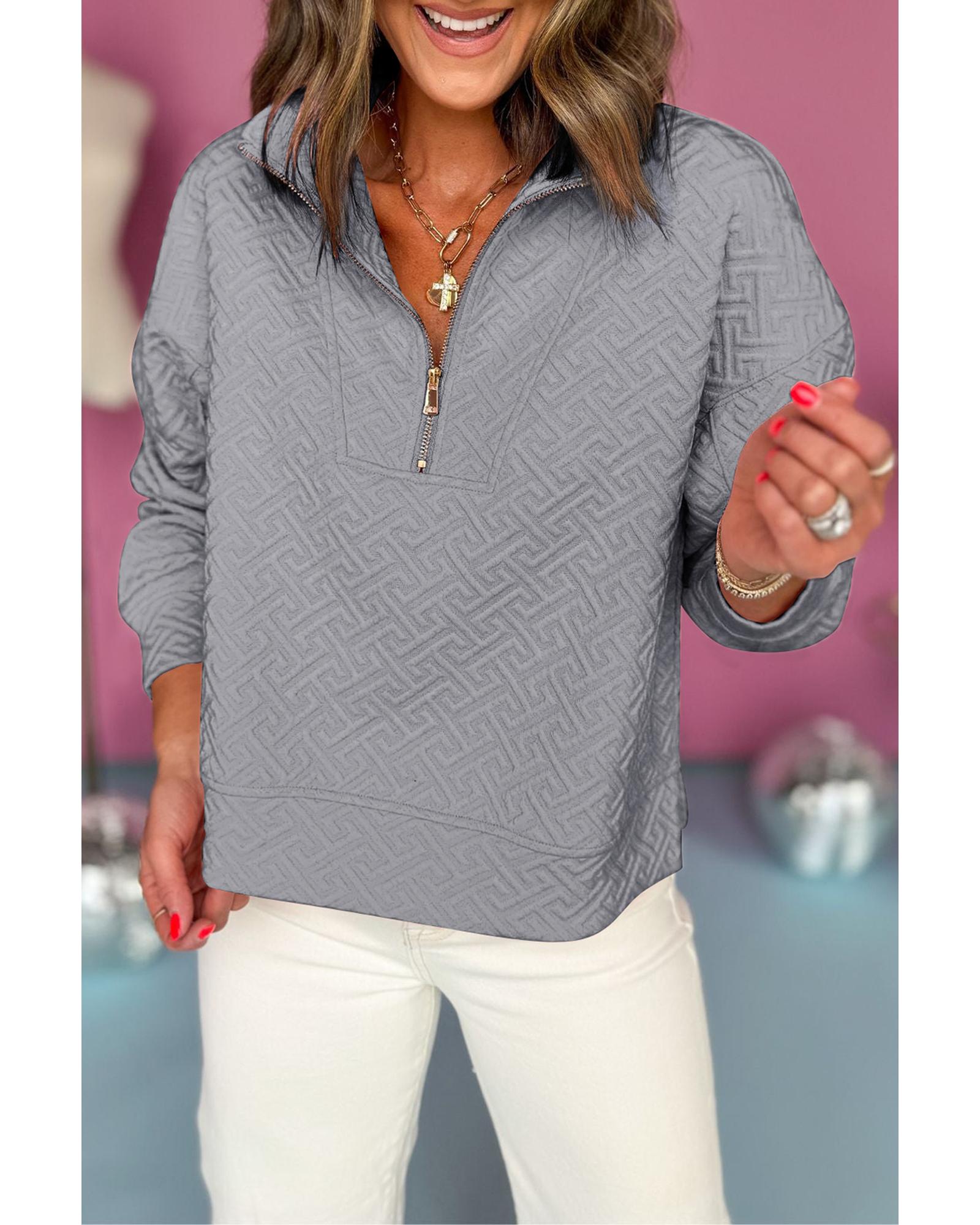 Gray Solid Textured Half Zipper Collared Sweatshirt - Image 3