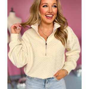 Beige Solid Textured Half Zipper Collared Sweatshirt