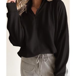 Black Zipped Neck Pullover Drop Shoulder Sweatshirt