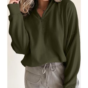 Jungle Green Zipped Neck Pullover Drop Shoulder Sweatshirt