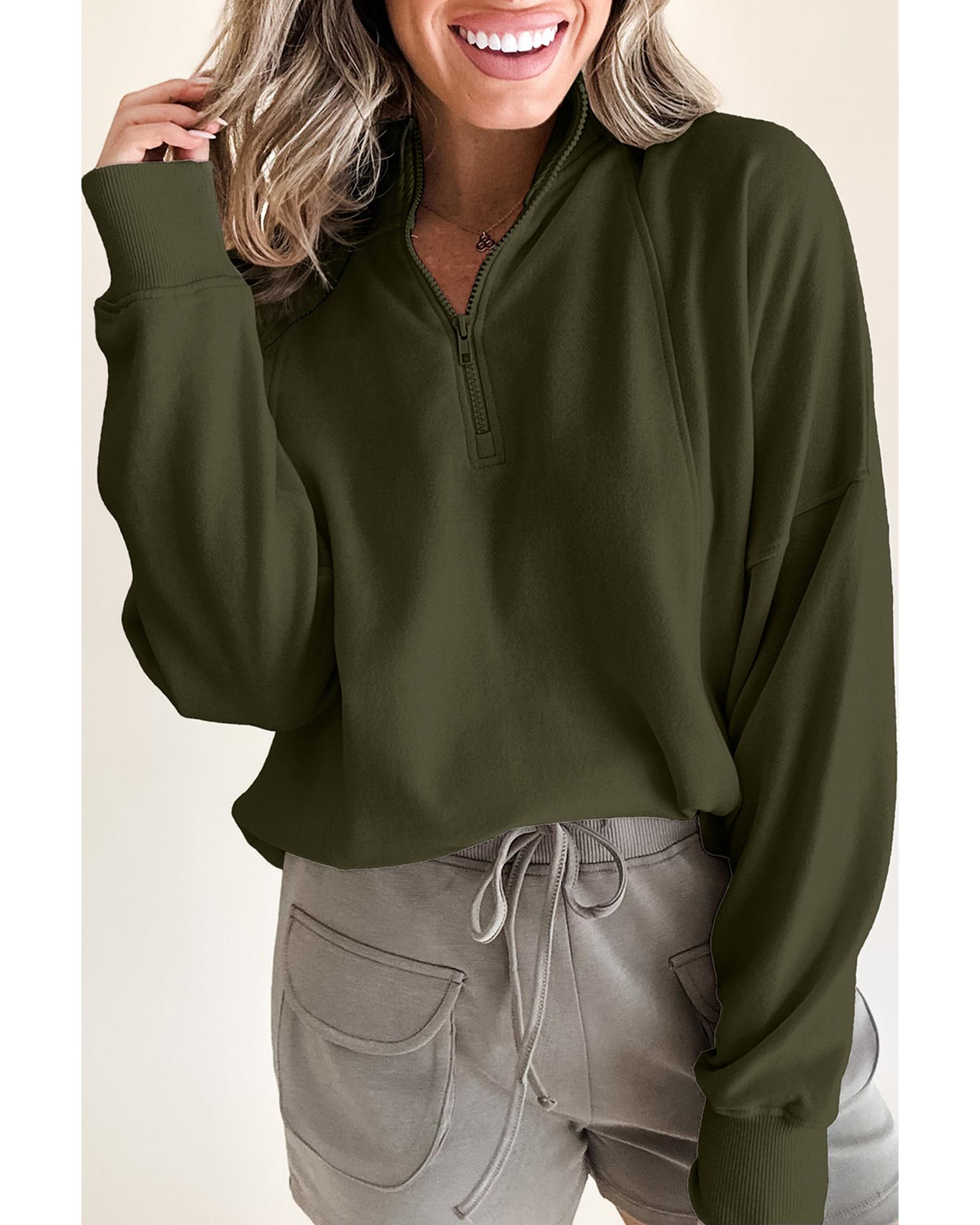 Jungle Green Zipped Neck Pullover Drop Shoulder Sweatshirt