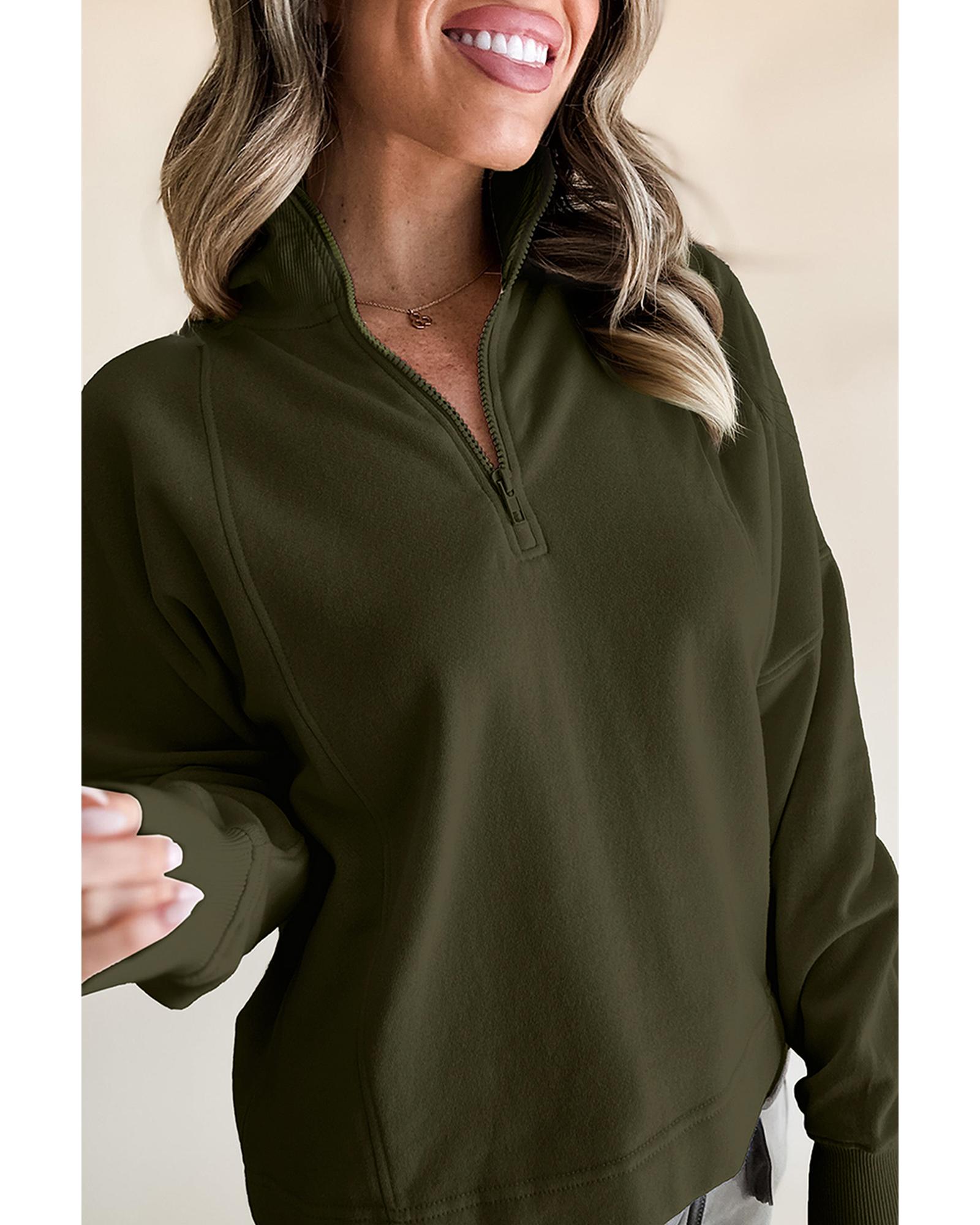 Jungle Green Zipped Neck Pullover Drop Shoulder Sweatshirt - Image 2