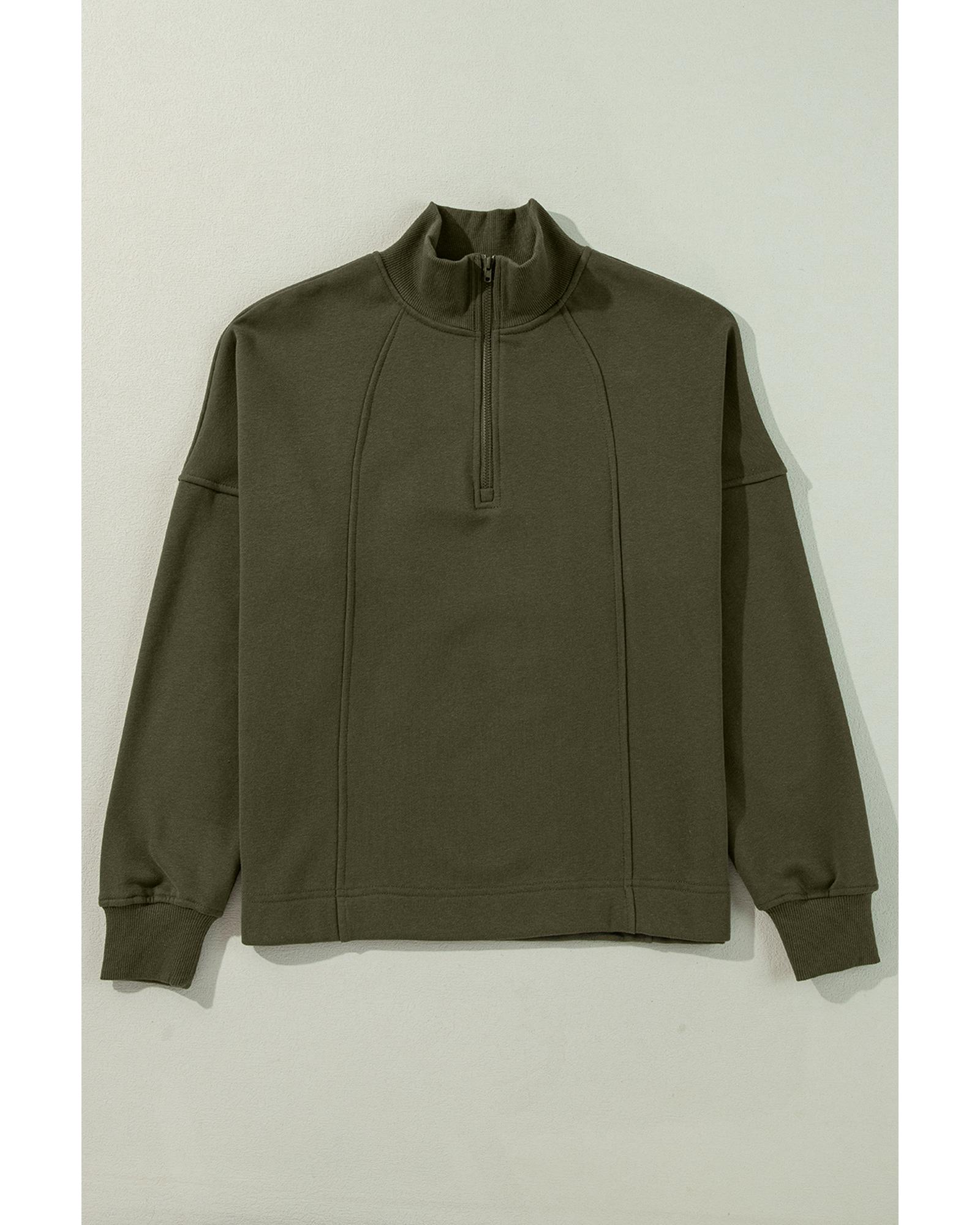 Jungle Green Zipped Neck Pullover Drop Shoulder Sweatshirt - Image 3