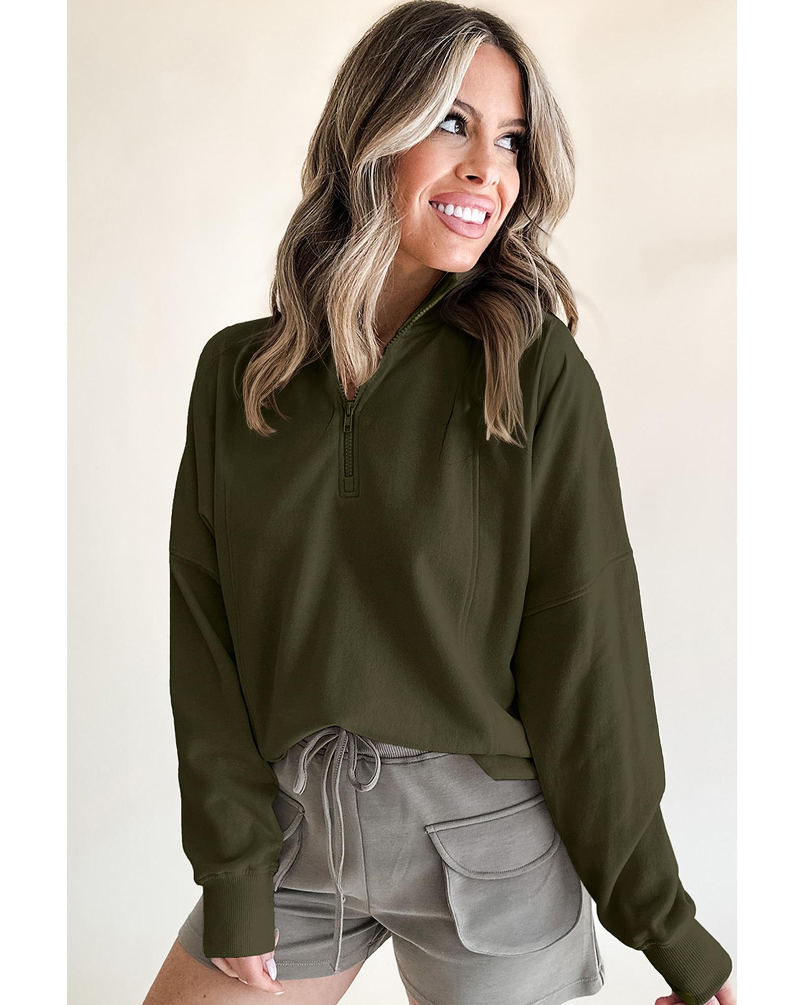 Jungle Green Zipped Neck Pullover Drop Shoulder Sweatshirt - Image 4