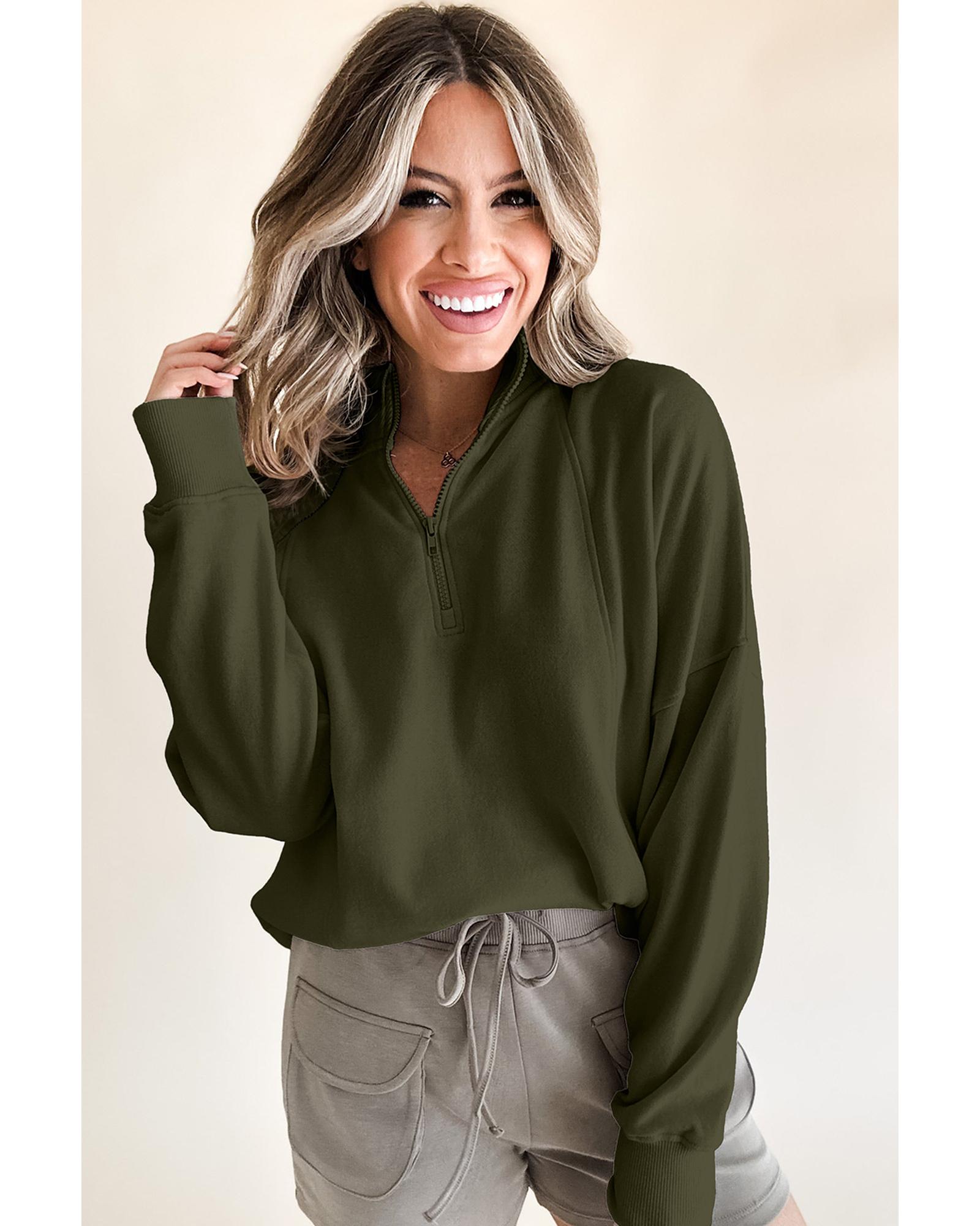 Jungle Green Zipped Neck Pullover Drop Shoulder Sweatshirt - Image 6