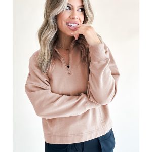 Smoke Gray Zipped Neck Pullover Drop Shoulder Sweatshirt