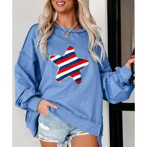 Sky Blue Sequin Trim Embroidered Star USA Pattern Sweatshirt