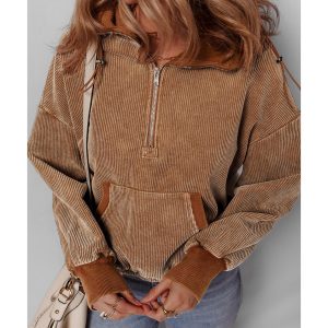 Chestnut Half Zipper Kangaroo Pocket Drawstring Corduroy Hoodie
