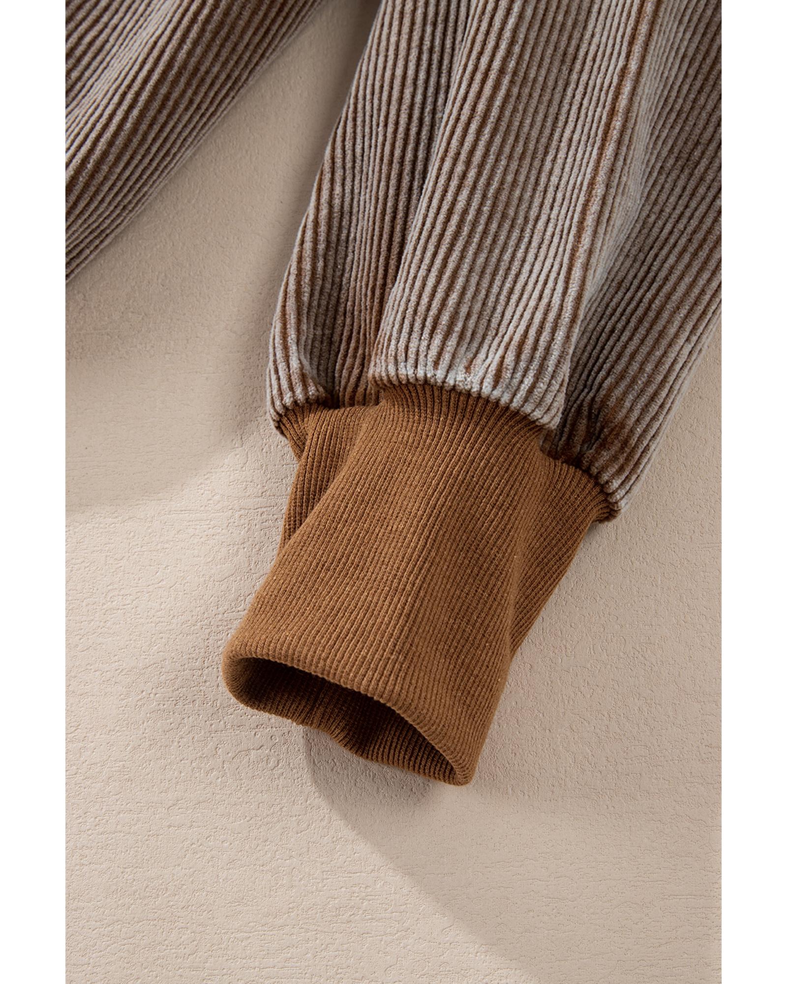 Chestnut Half Zipper Kangaroo Pocket Drawstring Corduroy Hoodie - Image 2