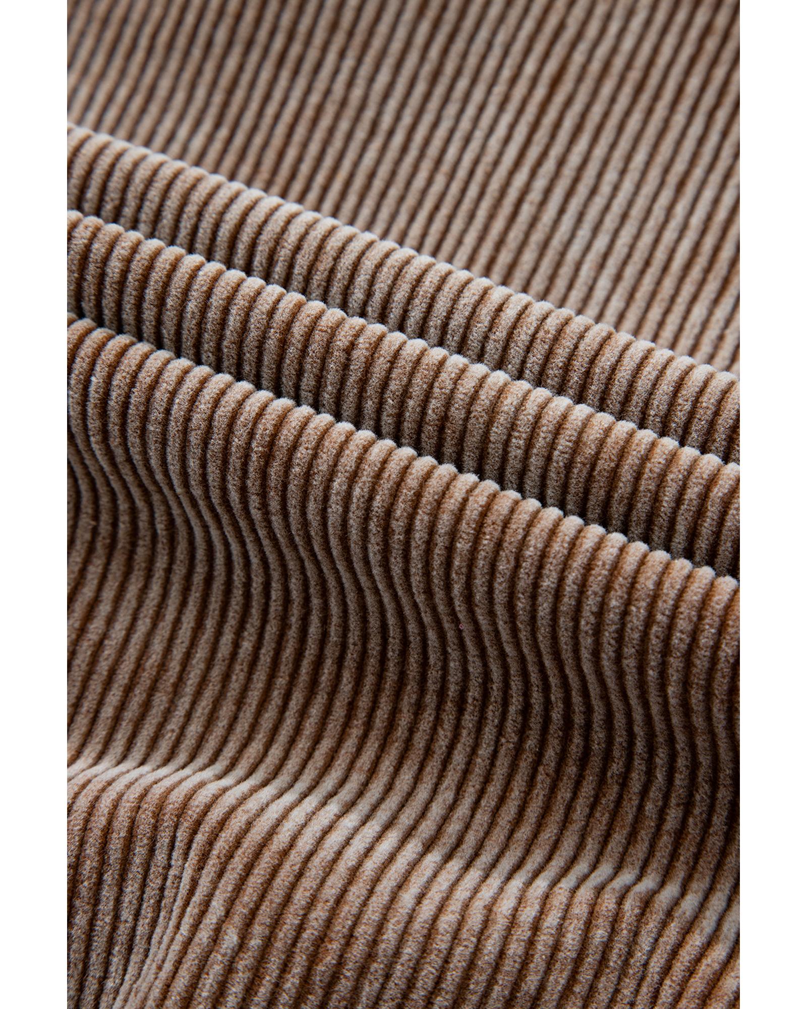 Chestnut Half Zipper Kangaroo Pocket Drawstring Corduroy Hoodie - Image 3