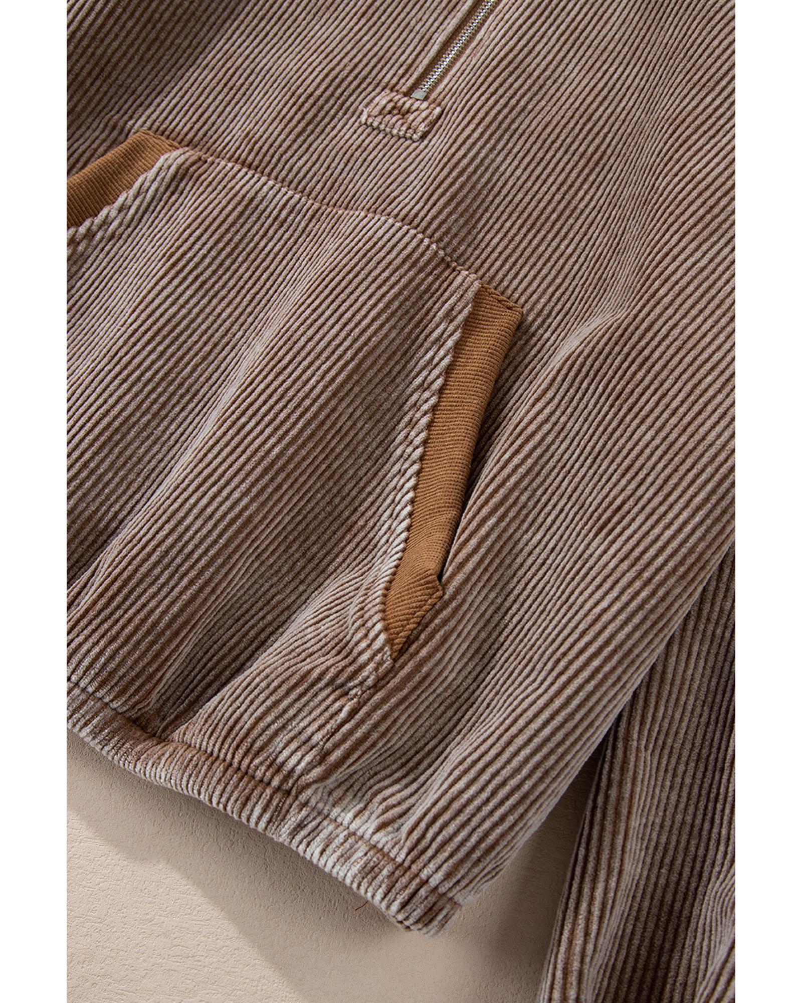 Chestnut Half Zipper Kangaroo Pocket Drawstring Corduroy Hoodie - Image 4