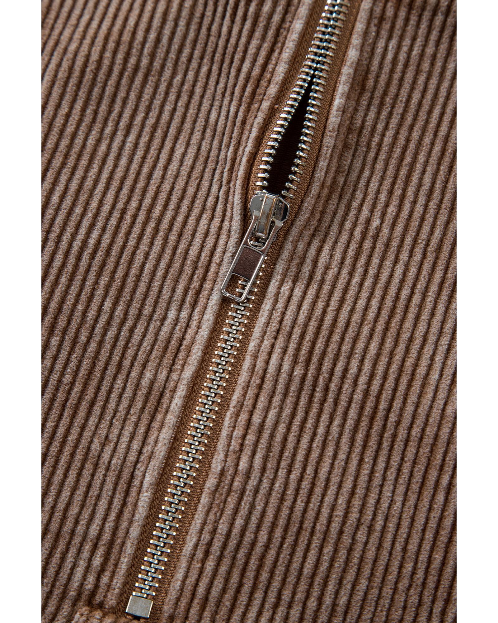 Chestnut Half Zipper Kangaroo Pocket Drawstring Corduroy Hoodie - Image 5