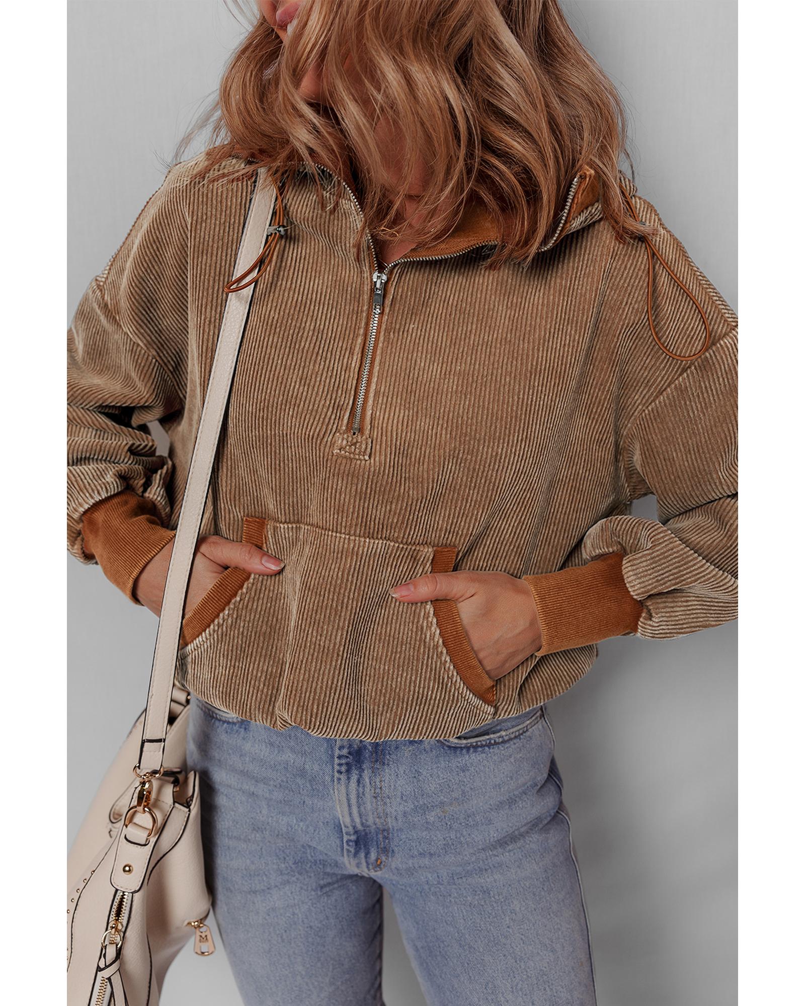 Chestnut Half Zipper Kangaroo Pocket Drawstring Corduroy Hoodie - Image 6