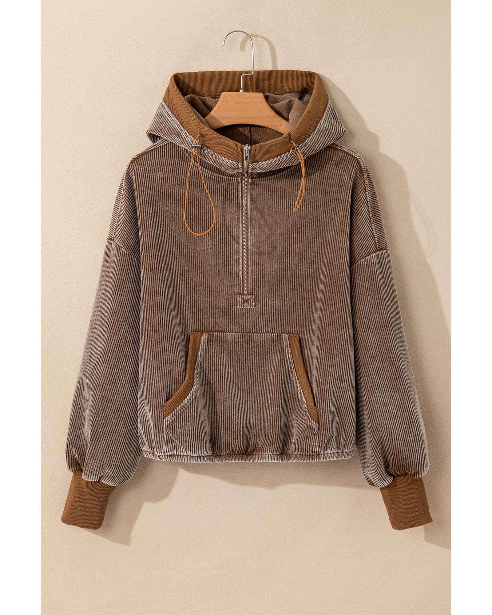 Chestnut Half Zipper Kangaroo Pocket Drawstring Corduroy Hoodie - Image 7