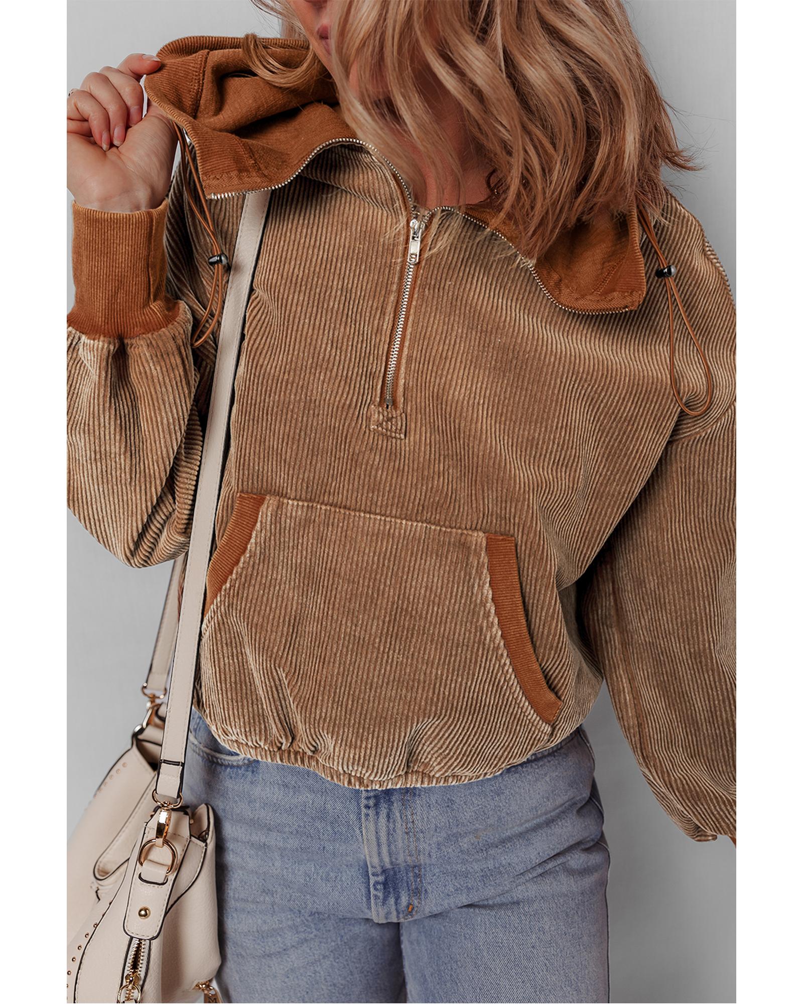 Chestnut Half Zipper Kangaroo Pocket Drawstring Corduroy Hoodie - Image 8