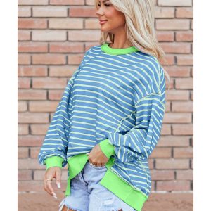 Sky Blue Stripe Contrast Trim High Low Pullover Tunic Sweatshirt