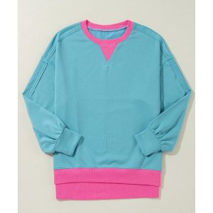 Light Blue Colorblock Patchwork Crew Neck Loose Sweatshirt
