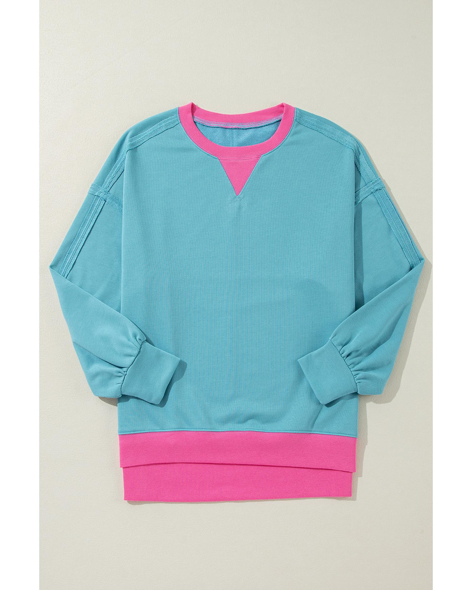 Light Blue Colorblock Patchwork Crew Neck Loose Sweatshirt