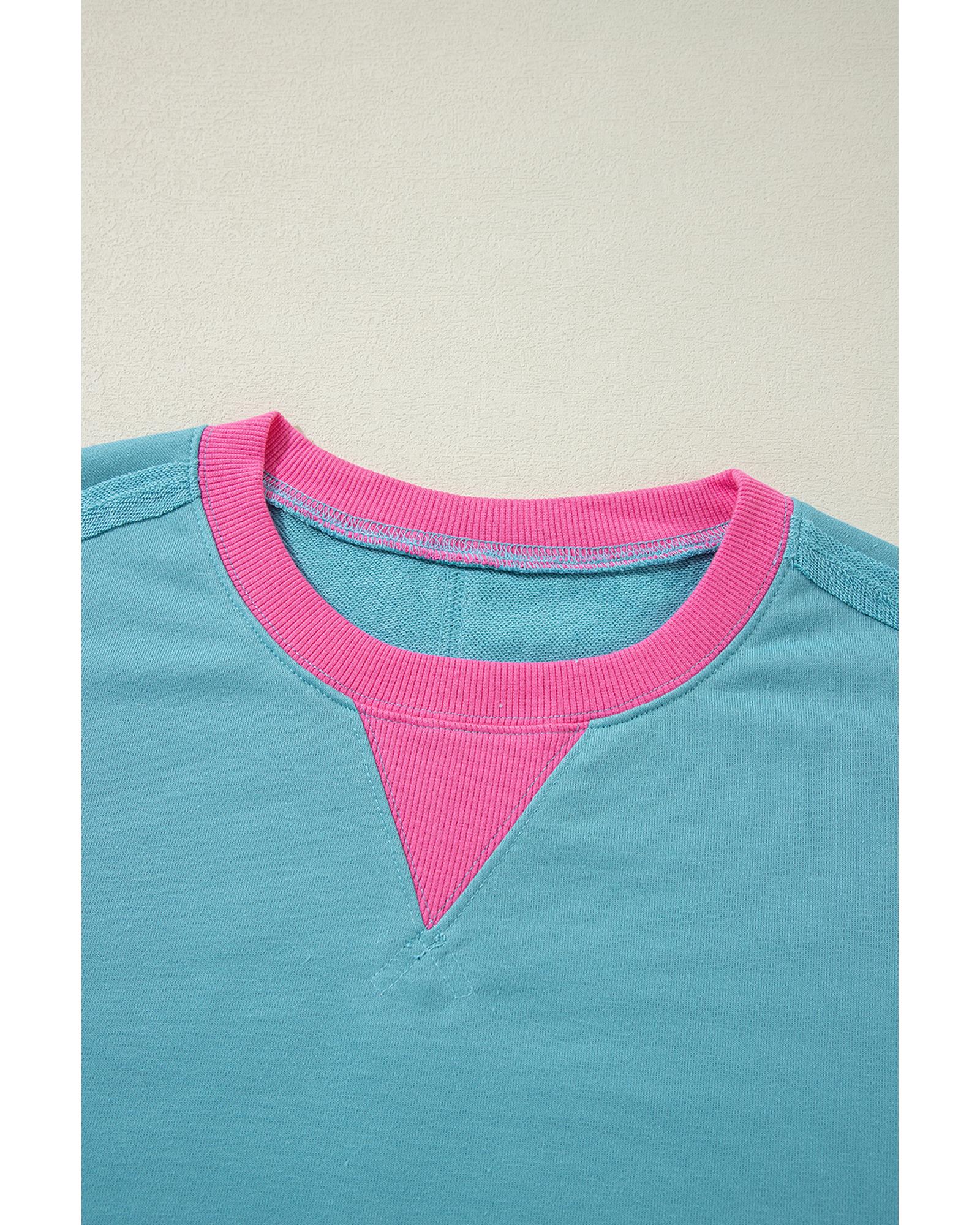 Light Blue Colorblock Patchwork Crew Neck Loose Sweatshirt - Image 2